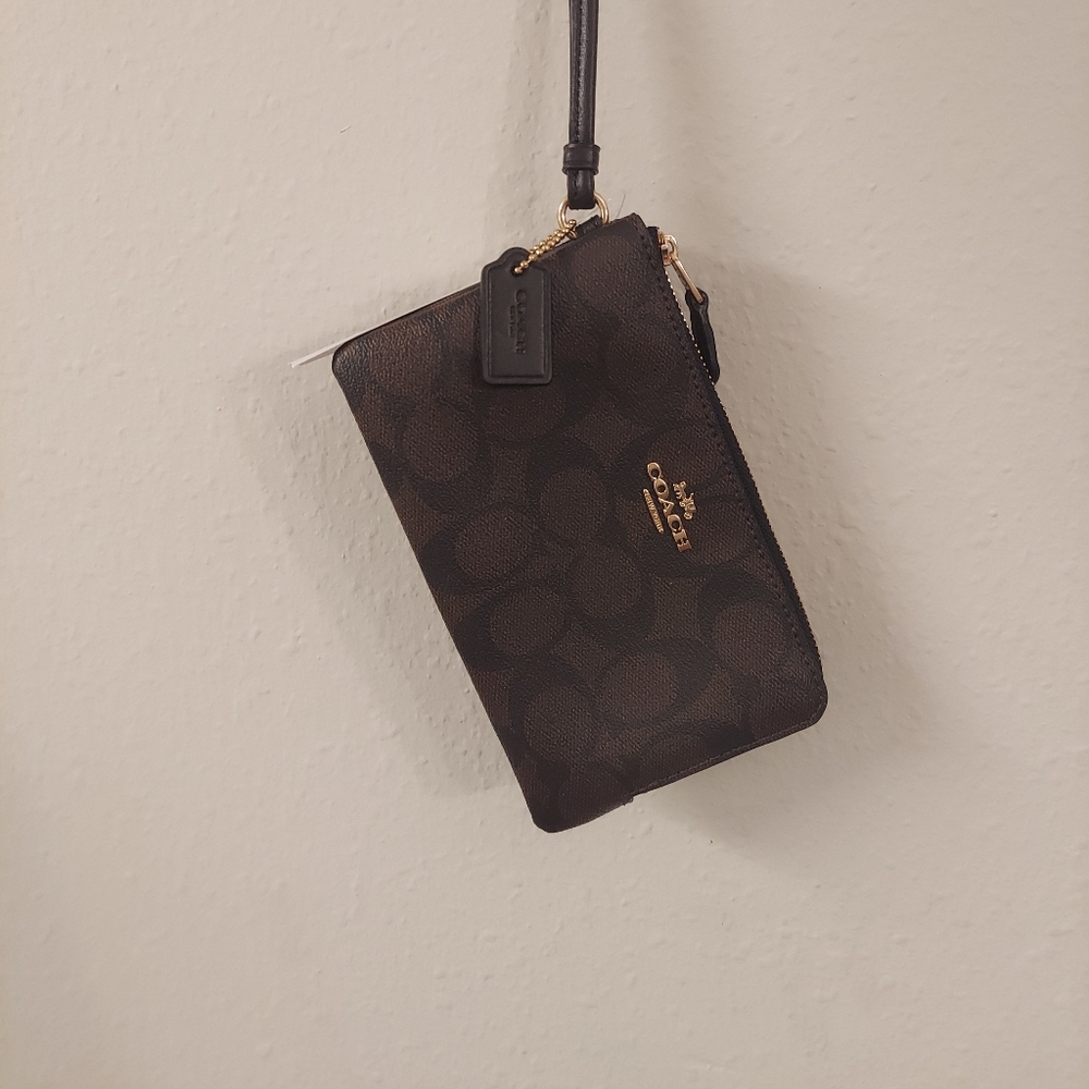 Coach Brown Signature Canvas Wristlet with Gold Hardware